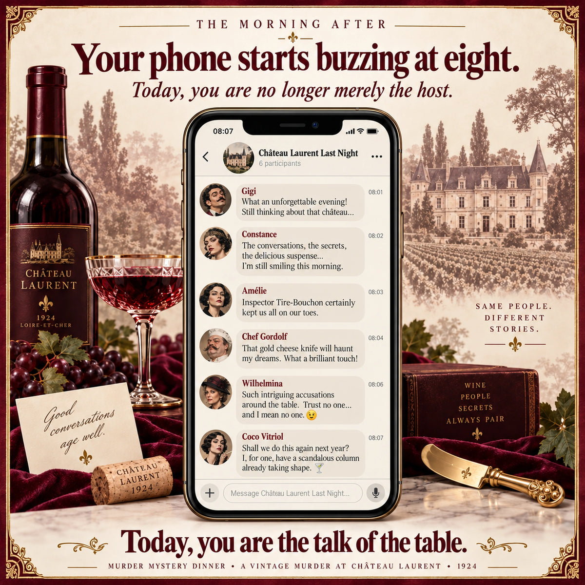 A Wine and Cheese Murder Mystery Game at Château Laurent in 1924 - Host Plays Along