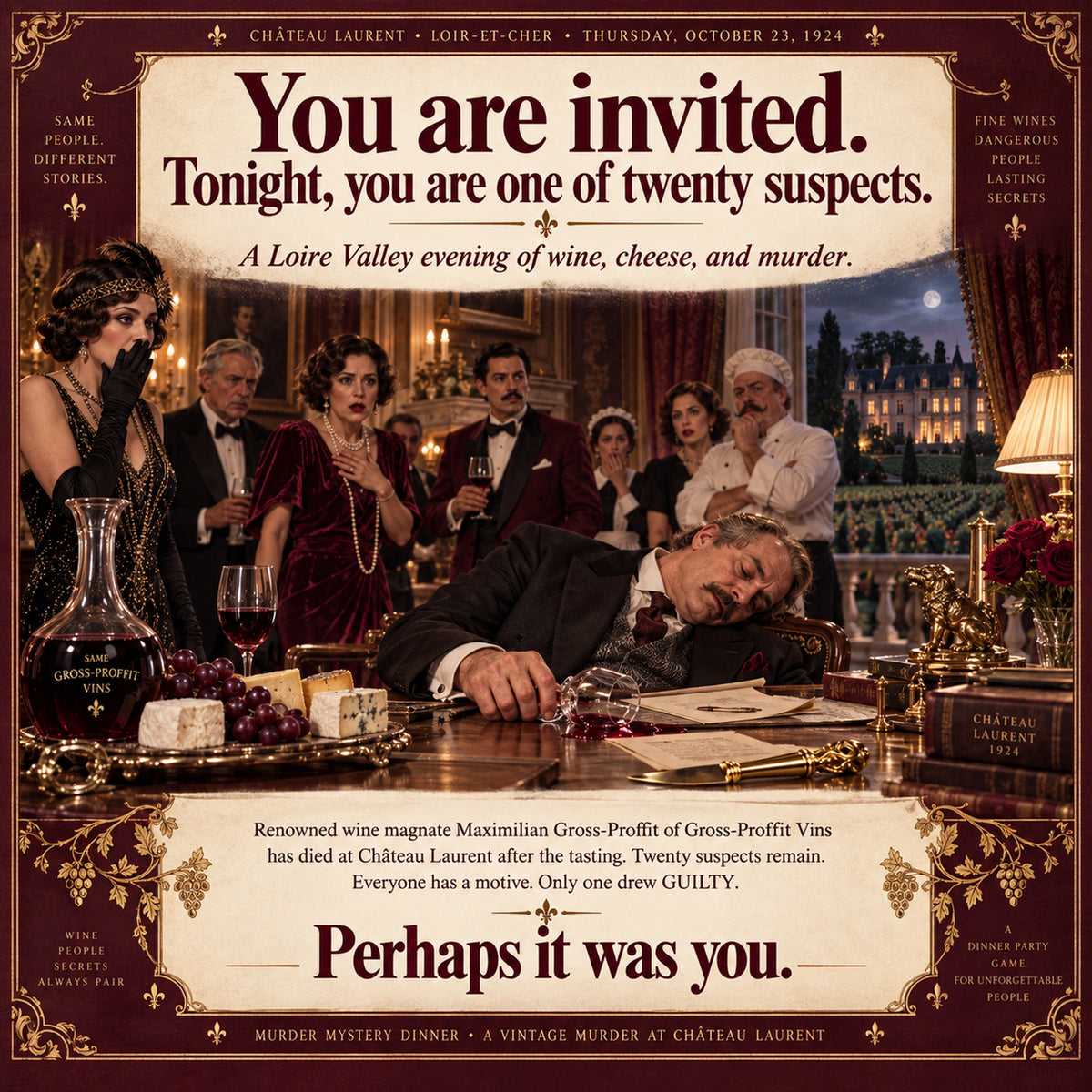 A Wine and Cheese Murder Mystery Game at Château Laurent in 1924 - Host Plays Along