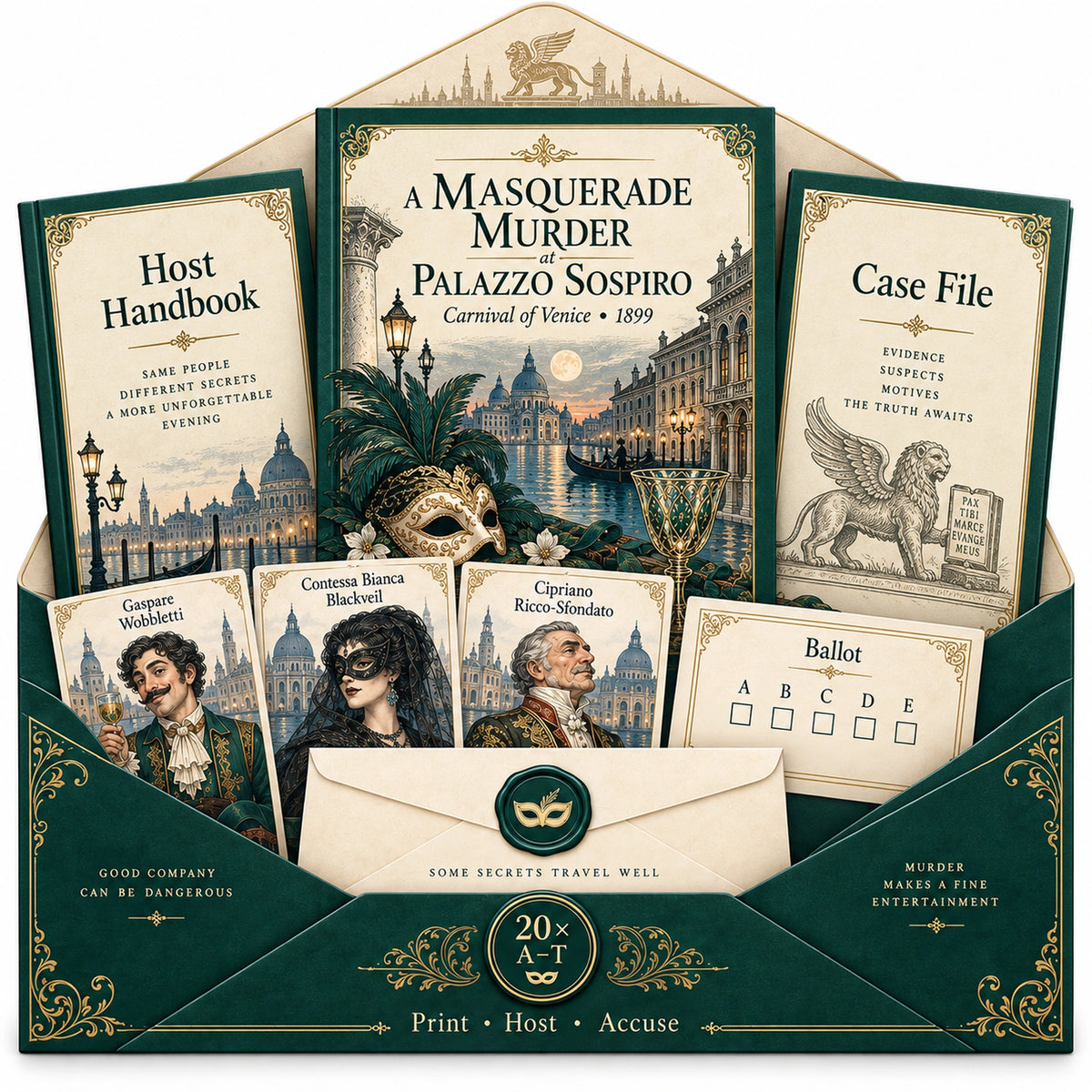Masquerade Murder Mystery Dinner Game Kit - Carnaval of Venice, 1899 - Host Plays Along