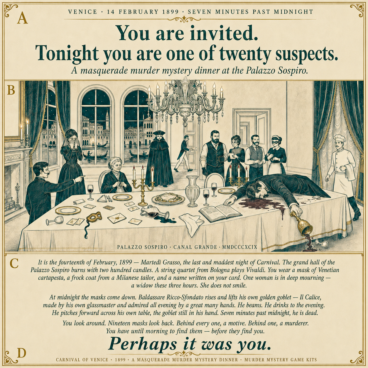 Masquerade Murder Mystery Dinner Game Kit - Carnaval of Venice, 1899 - Host Plays Along